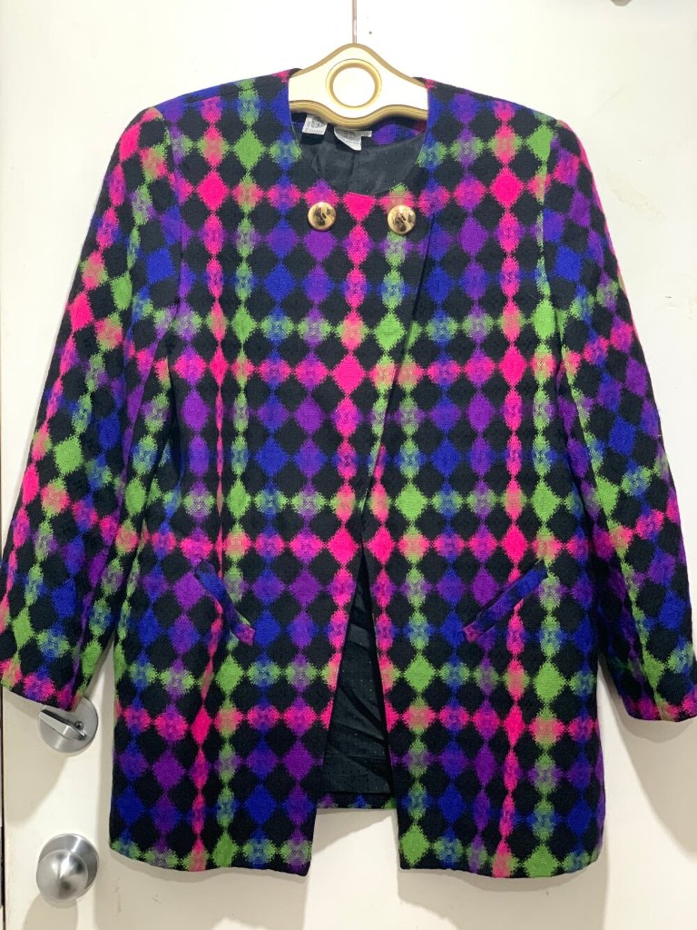 VINTAGE SIMON CHANG DOUBLE BREAST WOOL MULTICOLOR PLAID TWEED JACKETS SIZE 12